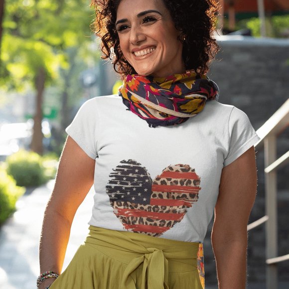 T-Shirt: USA Flag & Leopard Print Heart, Graphic T, Women's tops, 4th of July - Picture 1 of 6